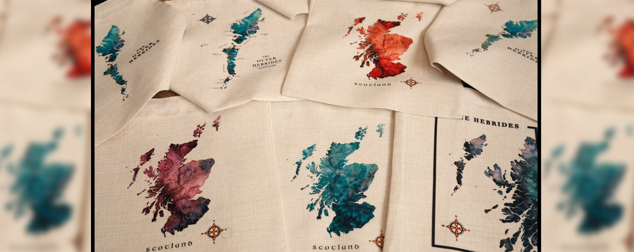 quality linen tote bag featuring a detailed watercolour maps of Scotland and Scottish islands, by Scottish artist ejaydesign.
