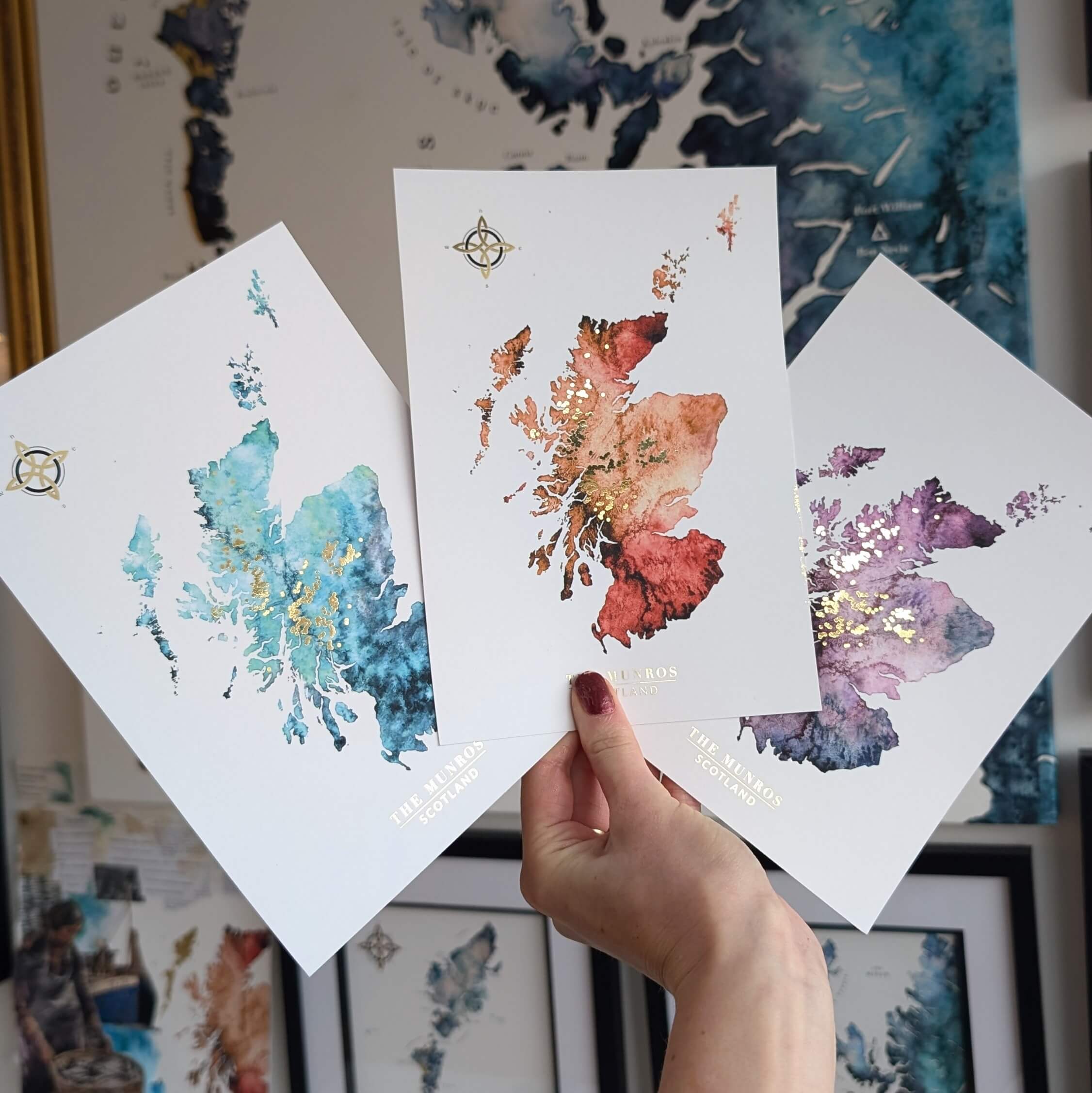 watercolour maps of Scotland with all the munro mountains in gold. perfect gift for a munro bagger. made by Scottish artist ejaydesign