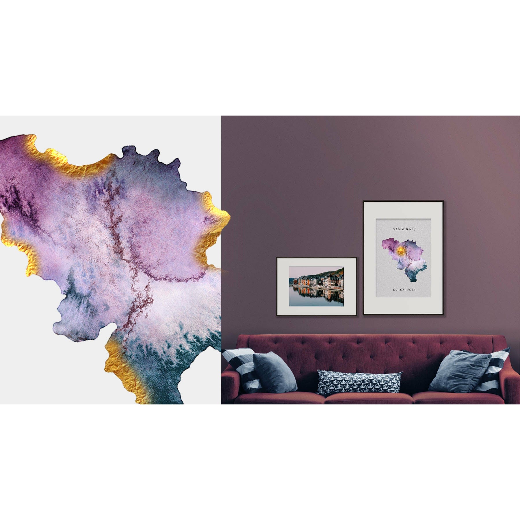 EJayDesign Countries Other Belgium Watercolour Gold Map