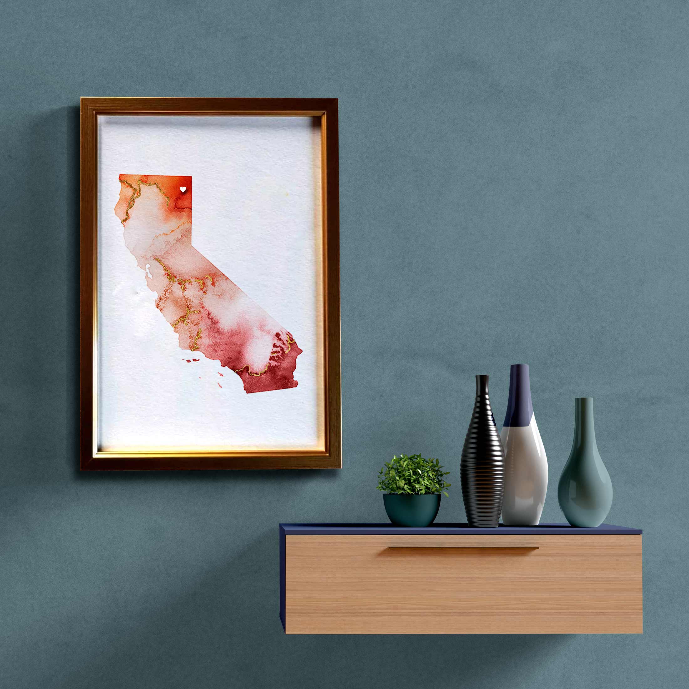 EJayDesign Countries Other California State Golden Watercolour Map