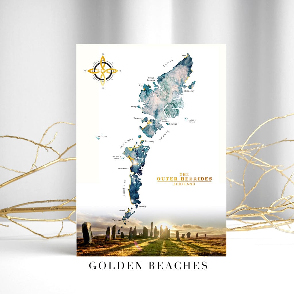 EJayDesign Callanish Stones Outer Hebrides Watercolour Map - With Gold Beaches