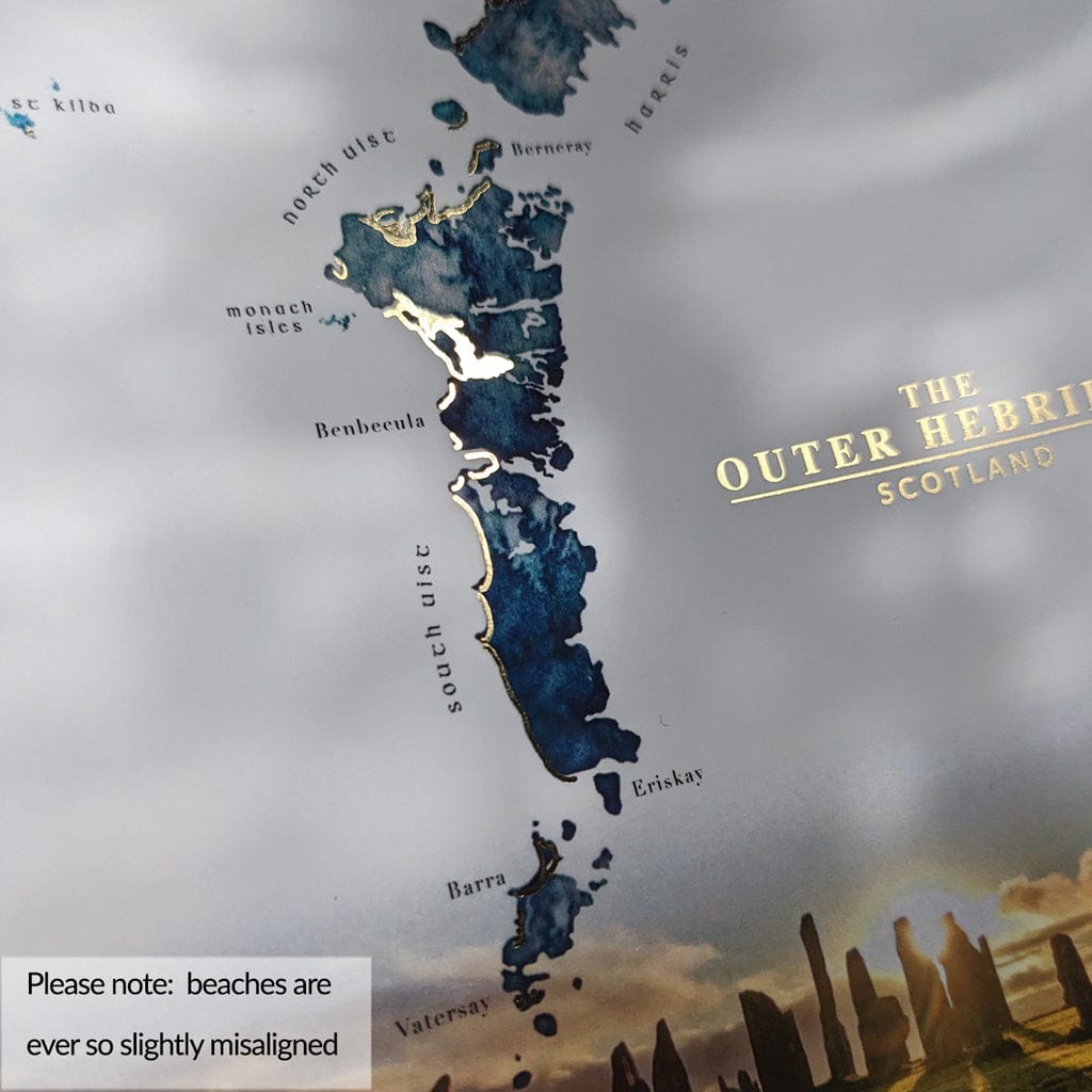 EJayDesign Callanish Stones Outer Hebrides Watercolour Map - With Gold Beaches