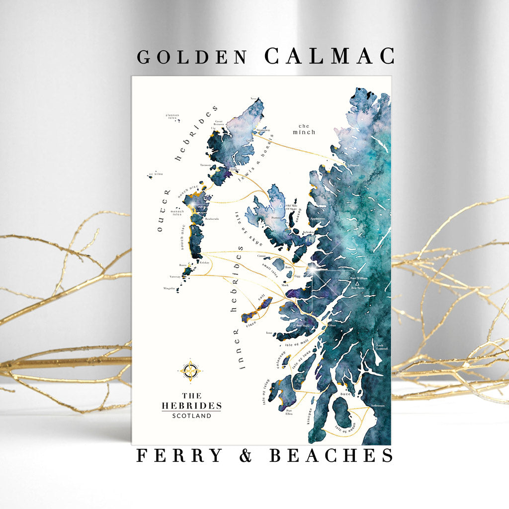 Calmac Ferry Routes With Gold Beaches Map Art Print