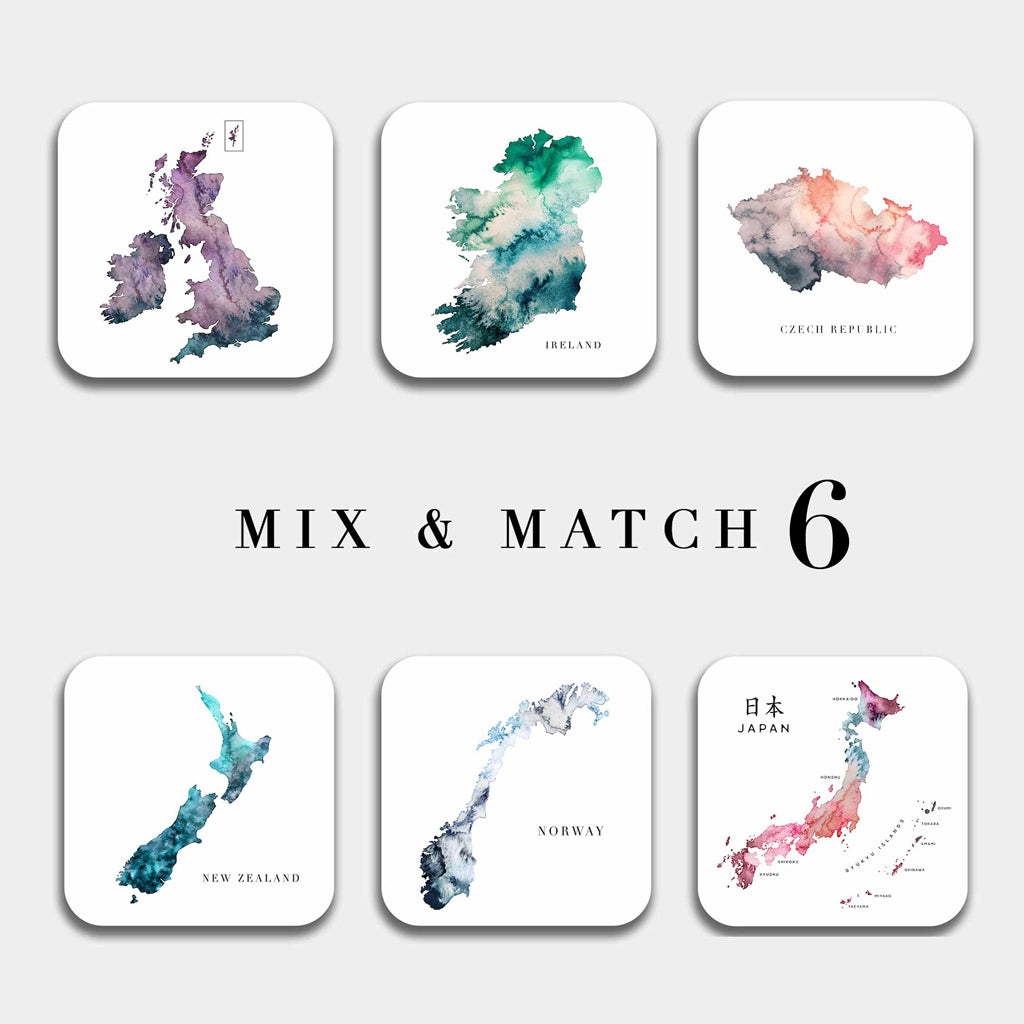 Set of 6 Coaster Watercolour Maps
