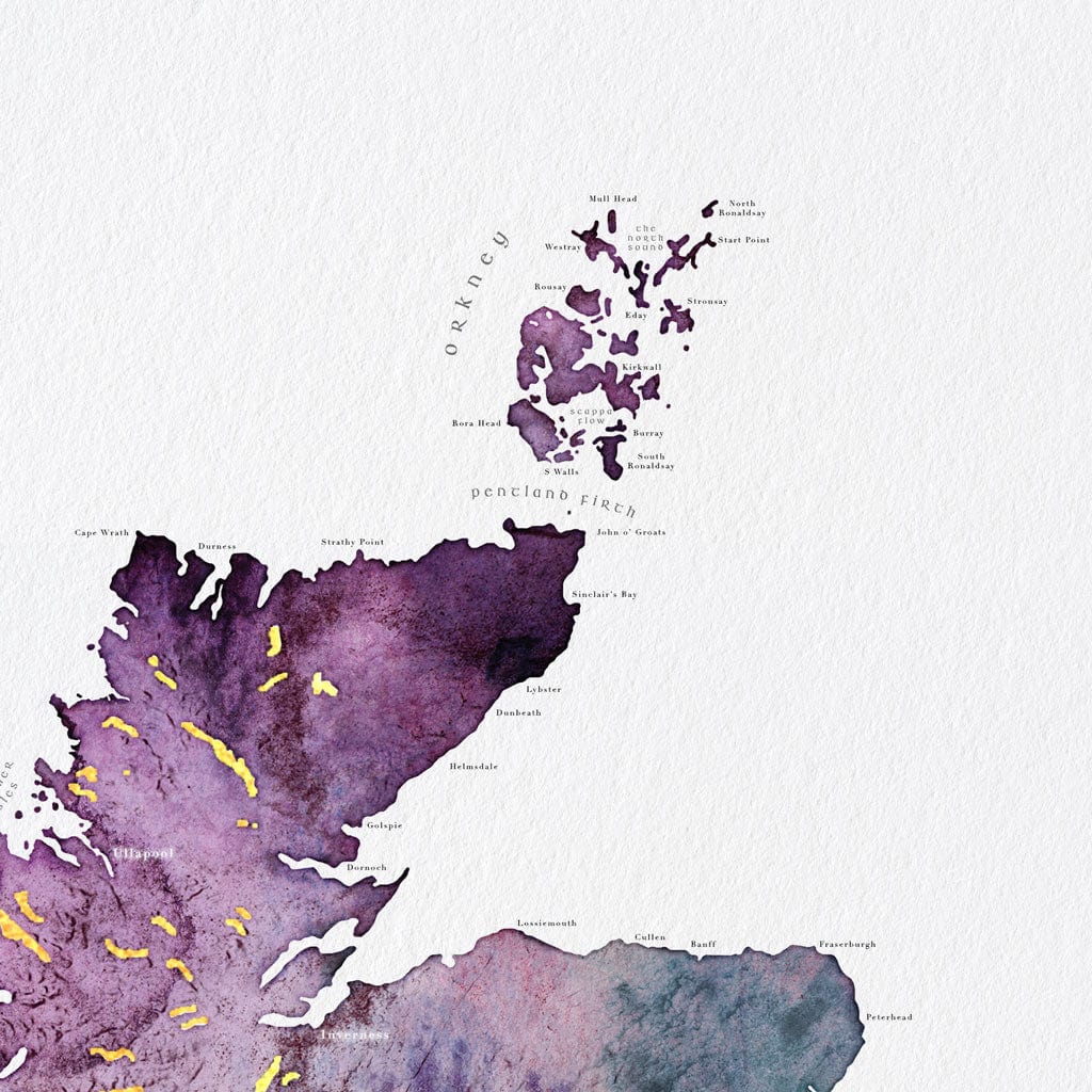EJayDesign Scottish Prints Detailed Scotland Watercolour Map