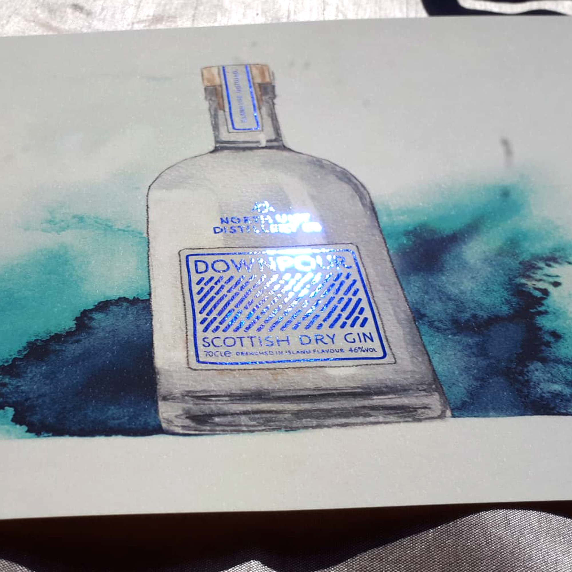 EJayDesign Downpour Gin Watercolour Illustration with Metallic Blue