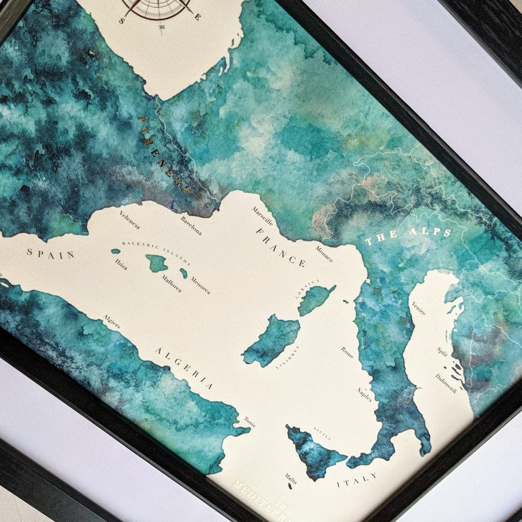 EJayDesign Countries Other Golden Mediterranean Watercolour Map Print