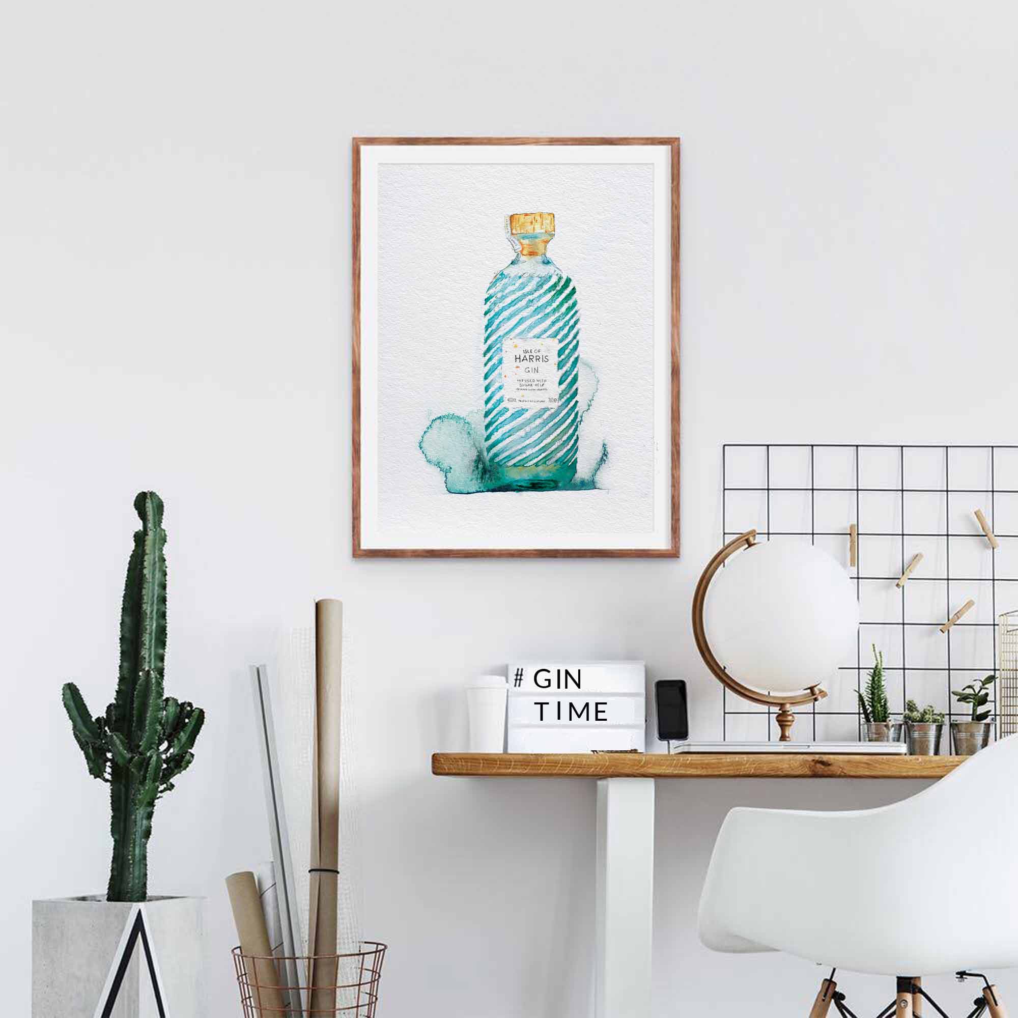 EJayDesign Harris Gin Watercolour Illustration with Gold Flaked Label