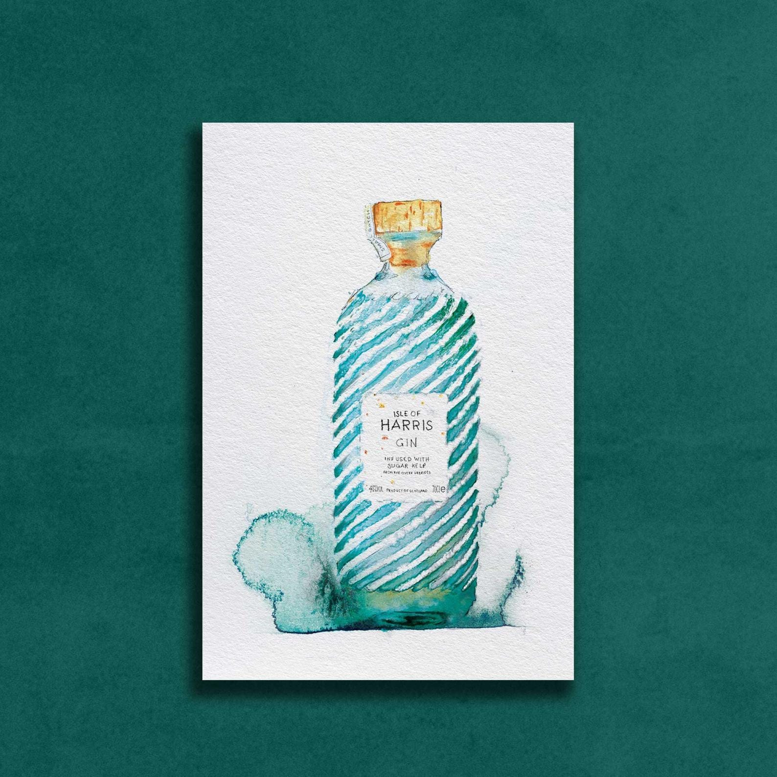 EJayDesign Harris Gin Watercolour Illustration with Gold Flaked Label