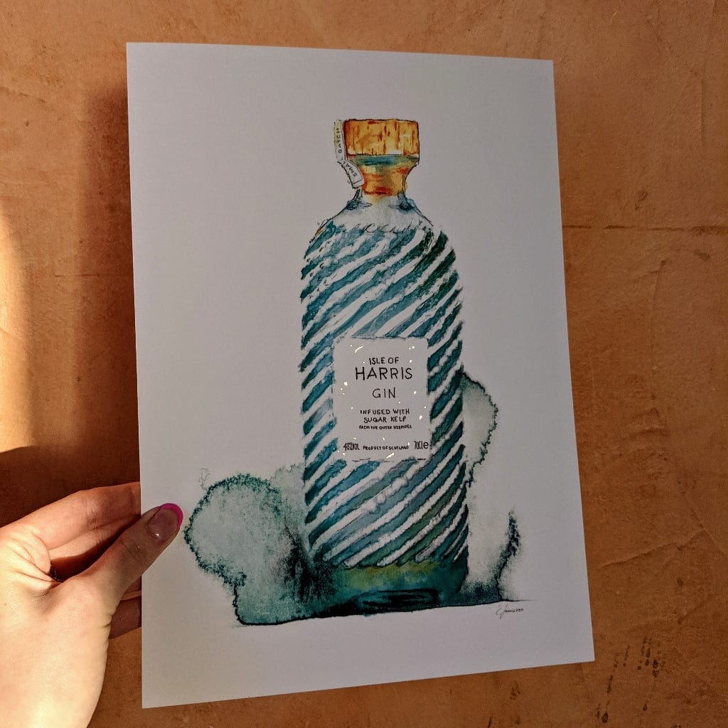 EJayDesign Harris Gin Watercolour Illustration with Gold Flaked Label