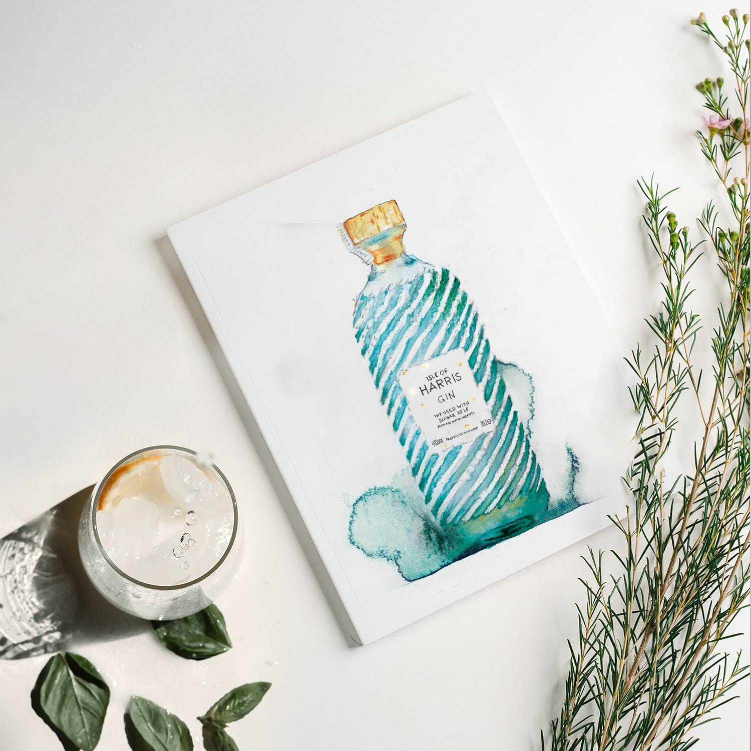 EJayDesign Harris Gin Watercolour Illustration with Gold Flaked Label