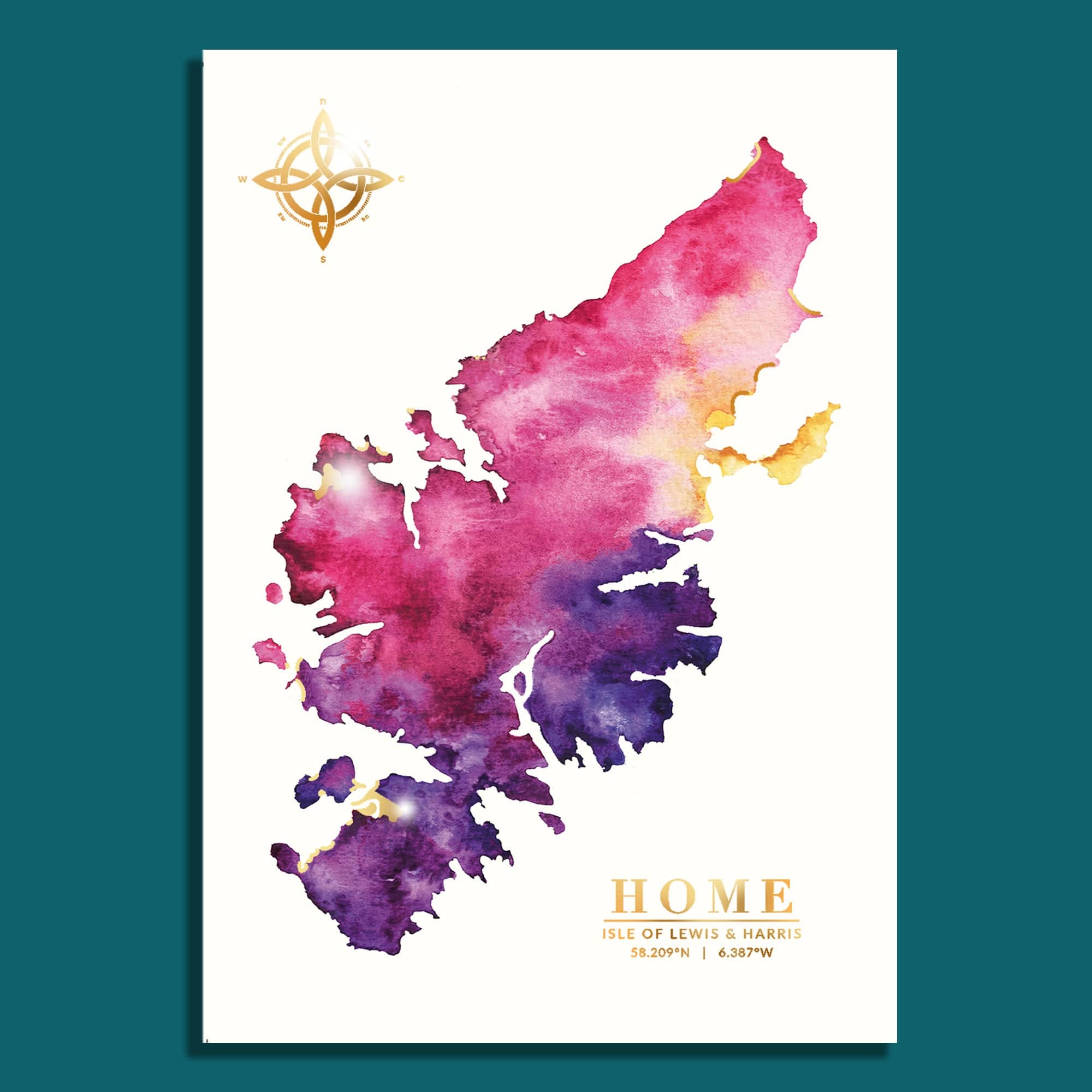 EJayDesign 'Home' Isle of Lewis Watercolour Map - With Gold Beaches