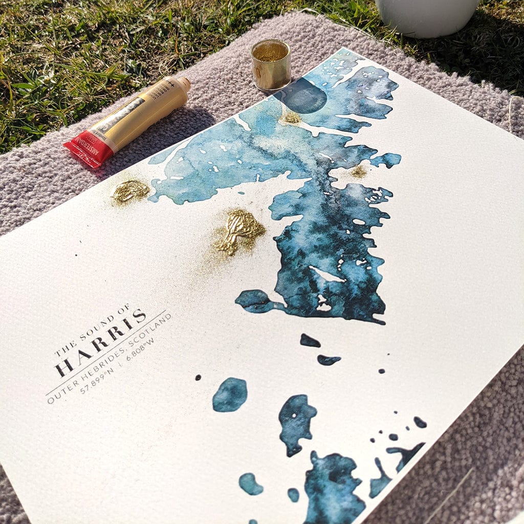 EJayDesign Scottish Prints Isle of Harris Golden Watercolour Map