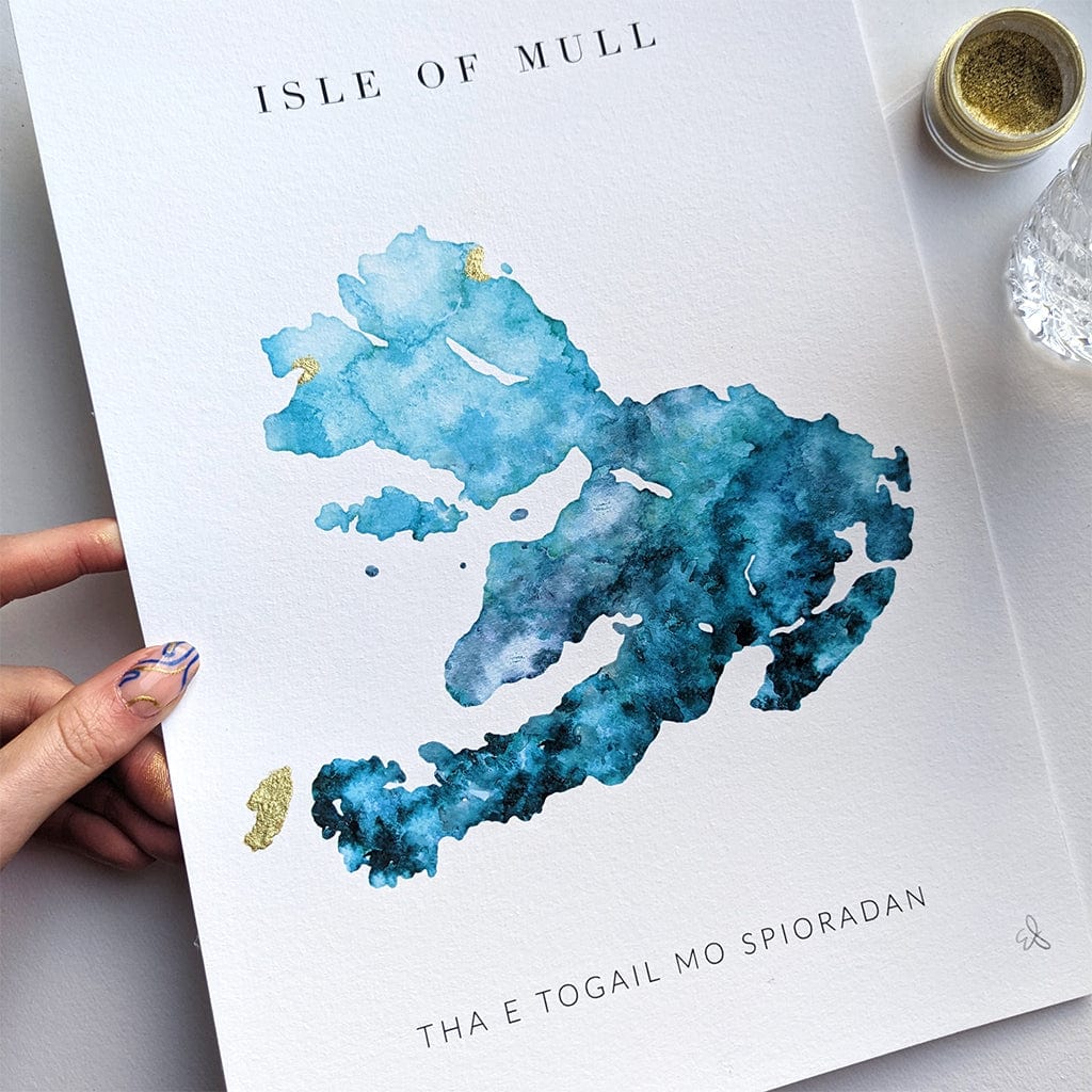 EJayDesign Scottish Prints Isle of Mull Watercolour Gold Map print