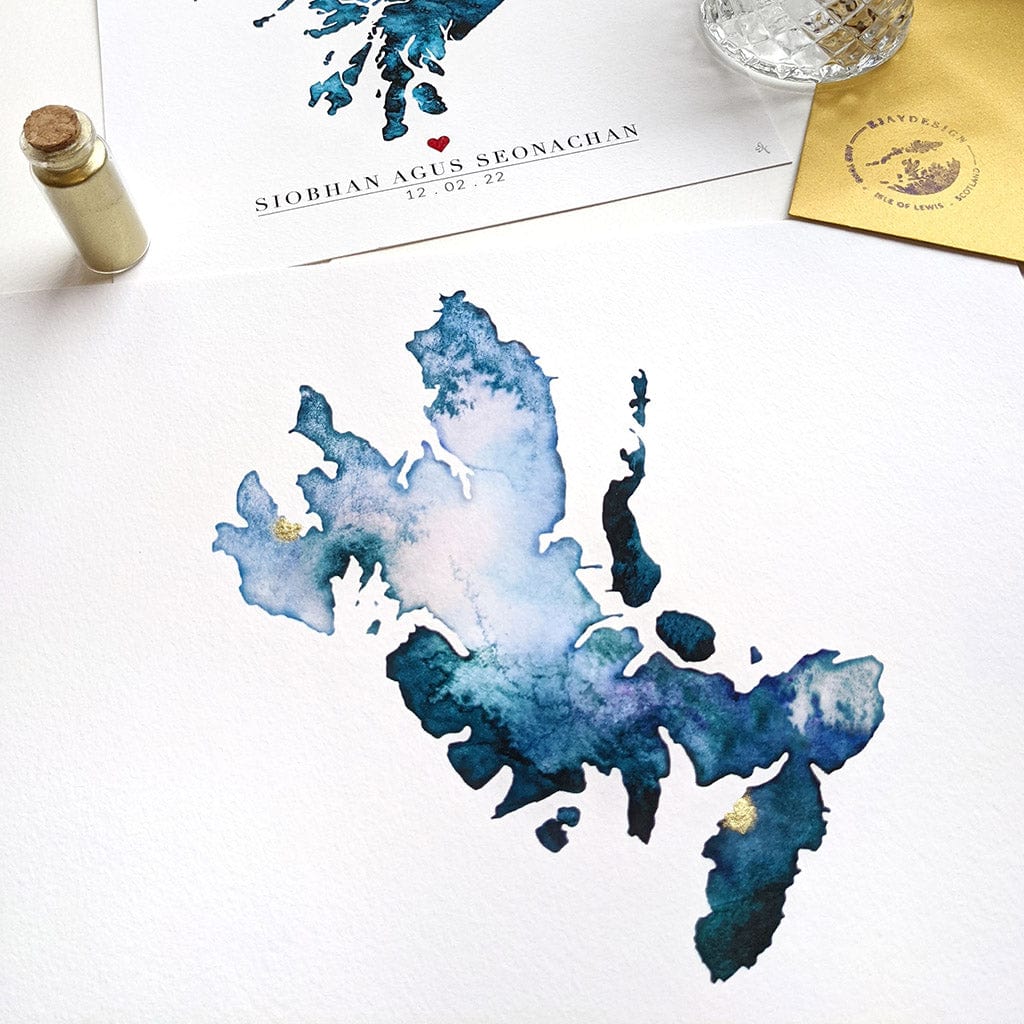 EJayDesign Scottish Prints Isle Of Skye Watercolour Gold Map Print