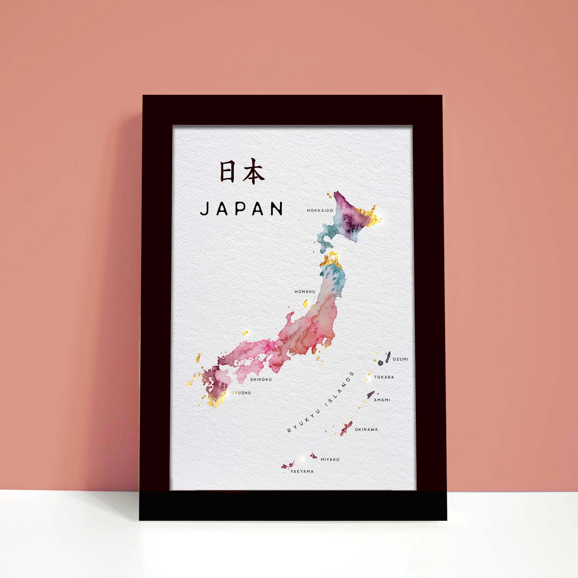 EJayDesign Countries Other Japan Watercolour Gold Map