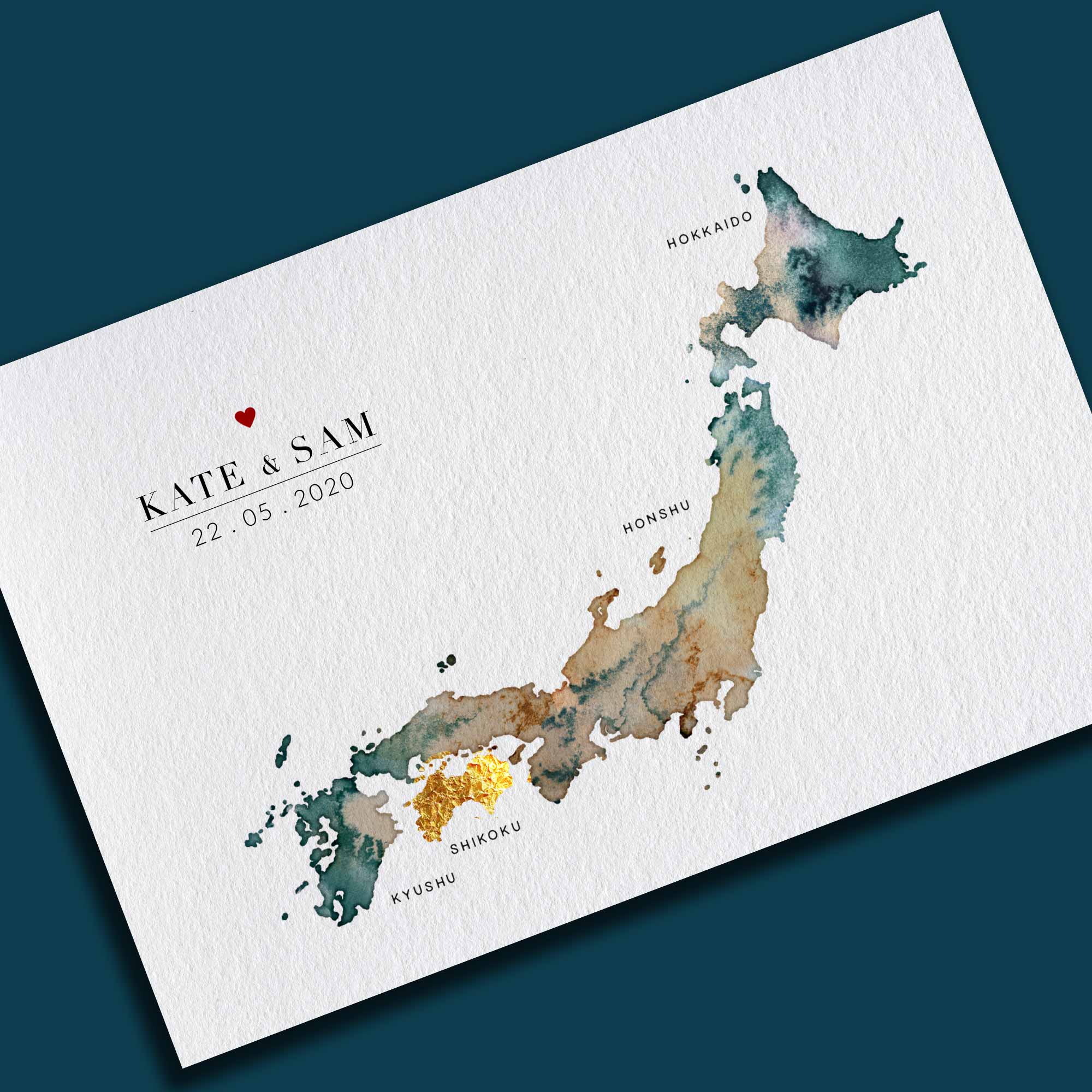 EJayDesign Countries Other Japan Watercolour Gold Map