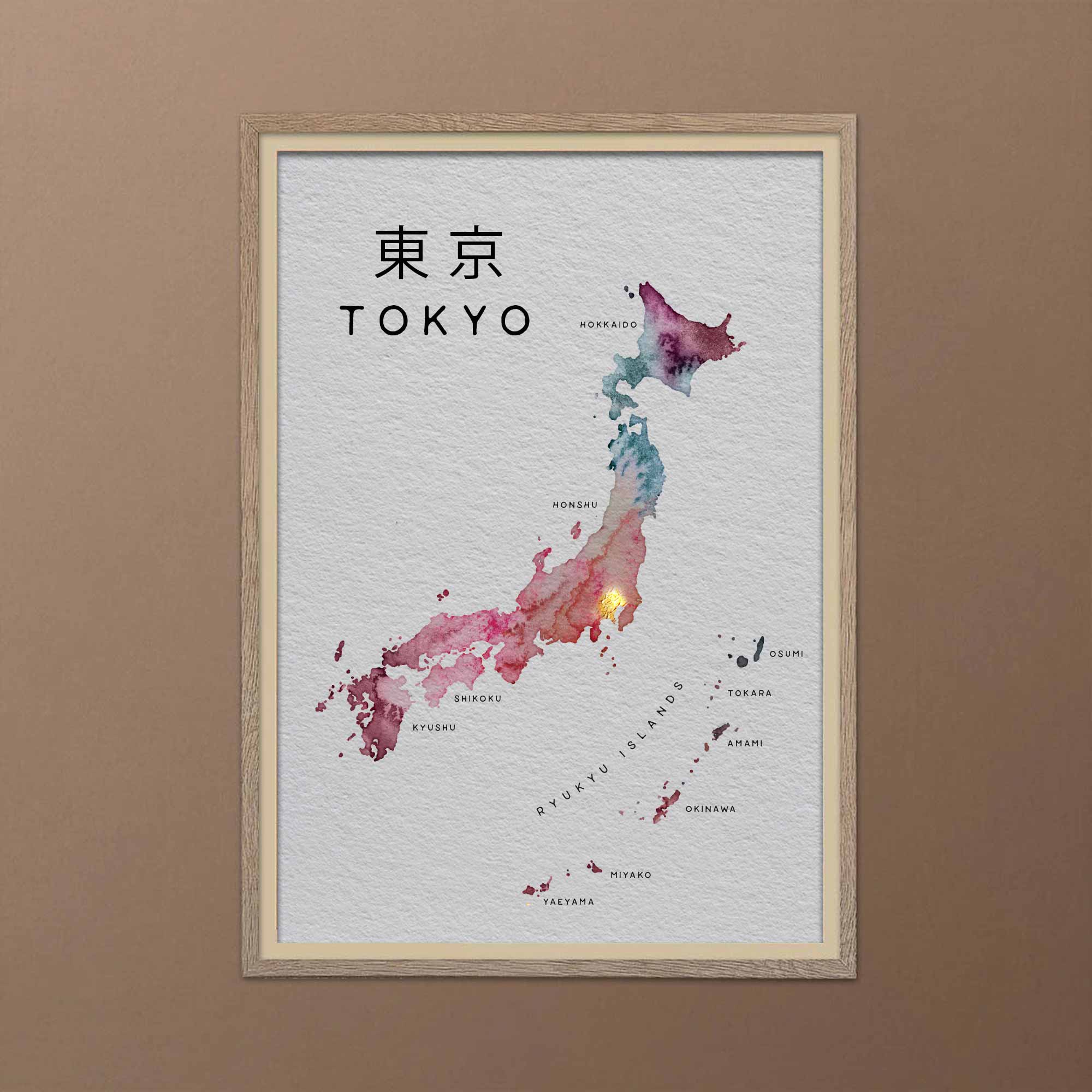 EJayDesign Countries Other Japan Watercolour Gold Map