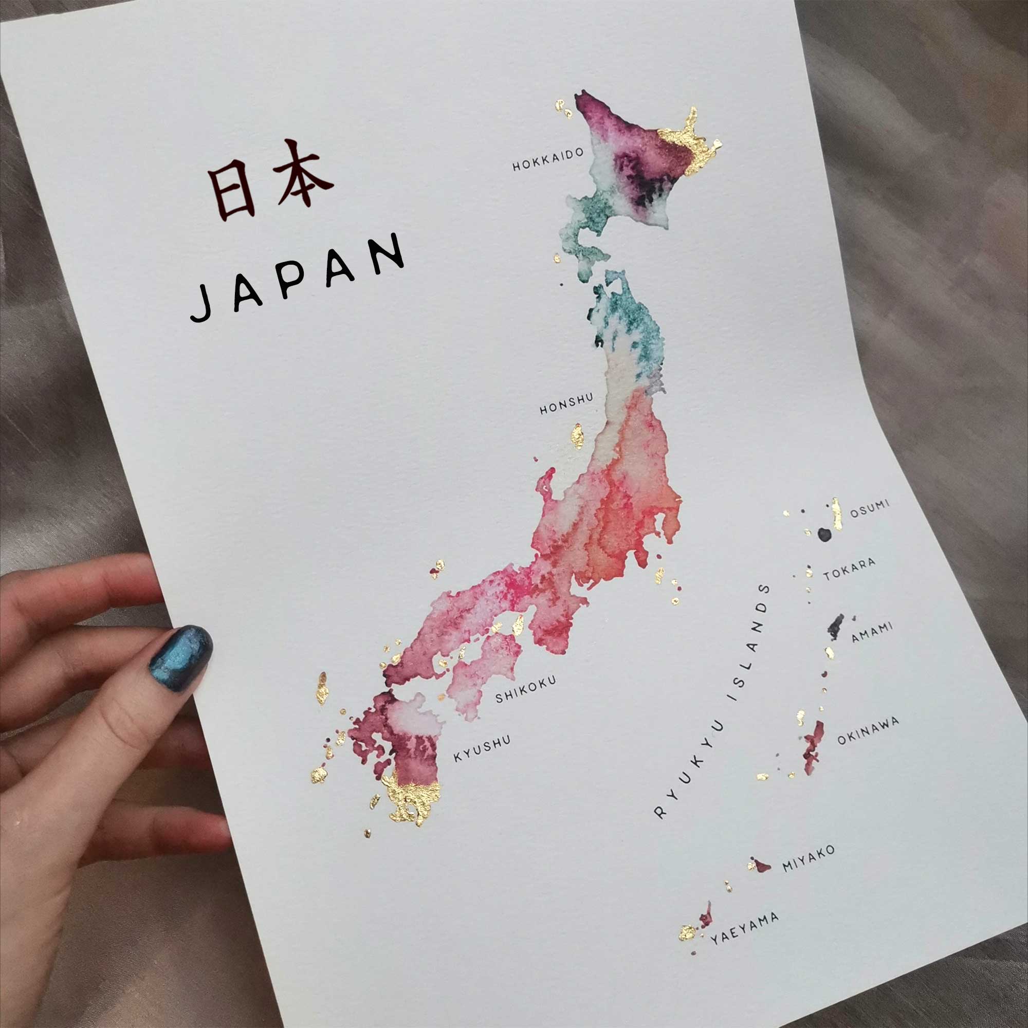 EJayDesign Countries Other Japan Watercolour Gold Map