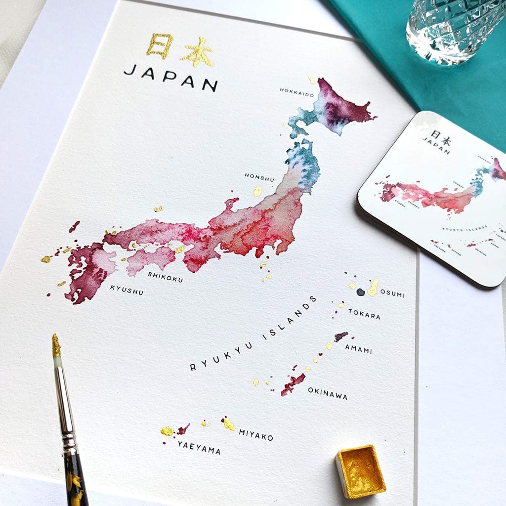 EJayDesign Countries Other Japan Watercolour Gold Map