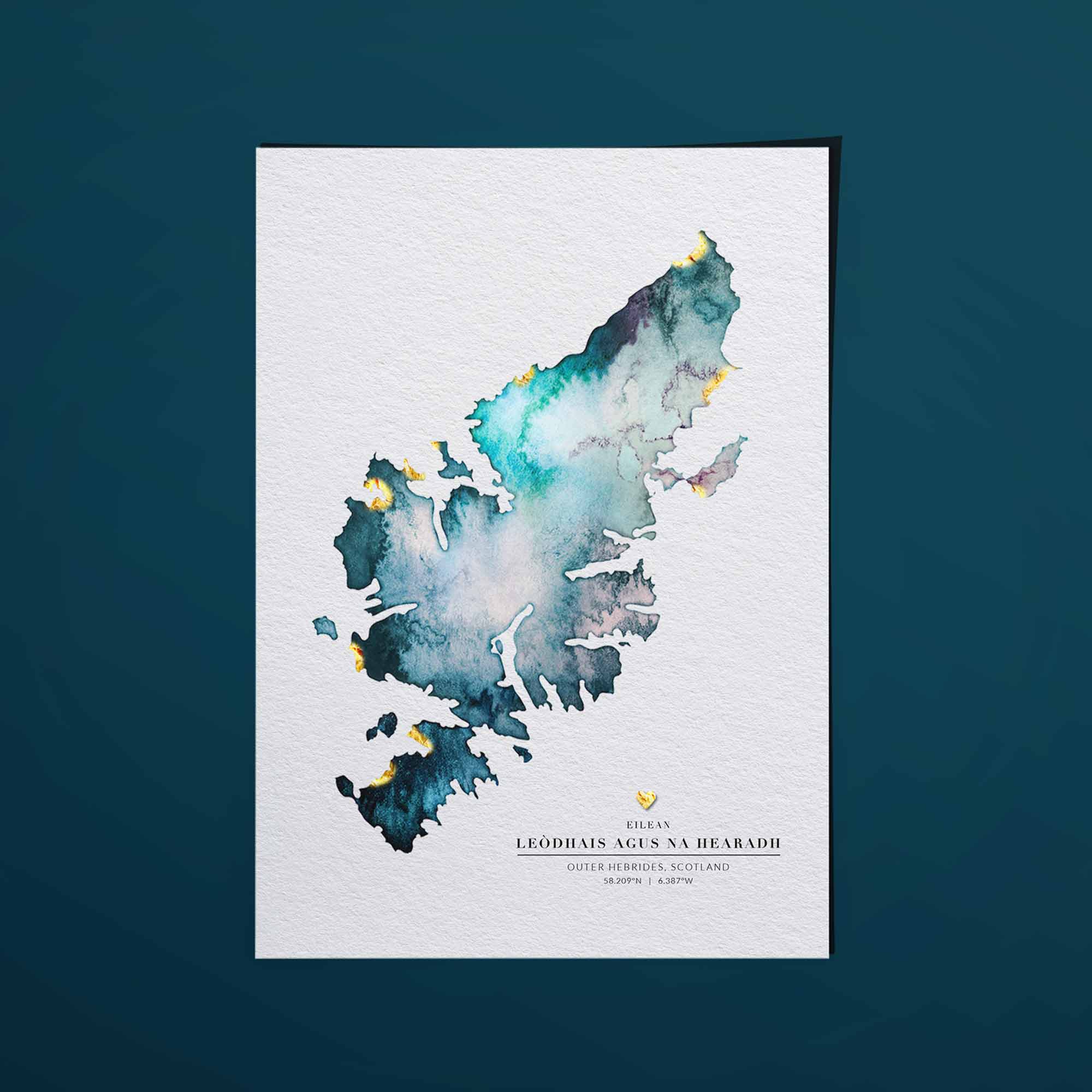 EJayDesign Scottish Prints A3 Unframed Giclée on Paper / Blue/Green Watercolour Lewis & Harris Watercolour Map