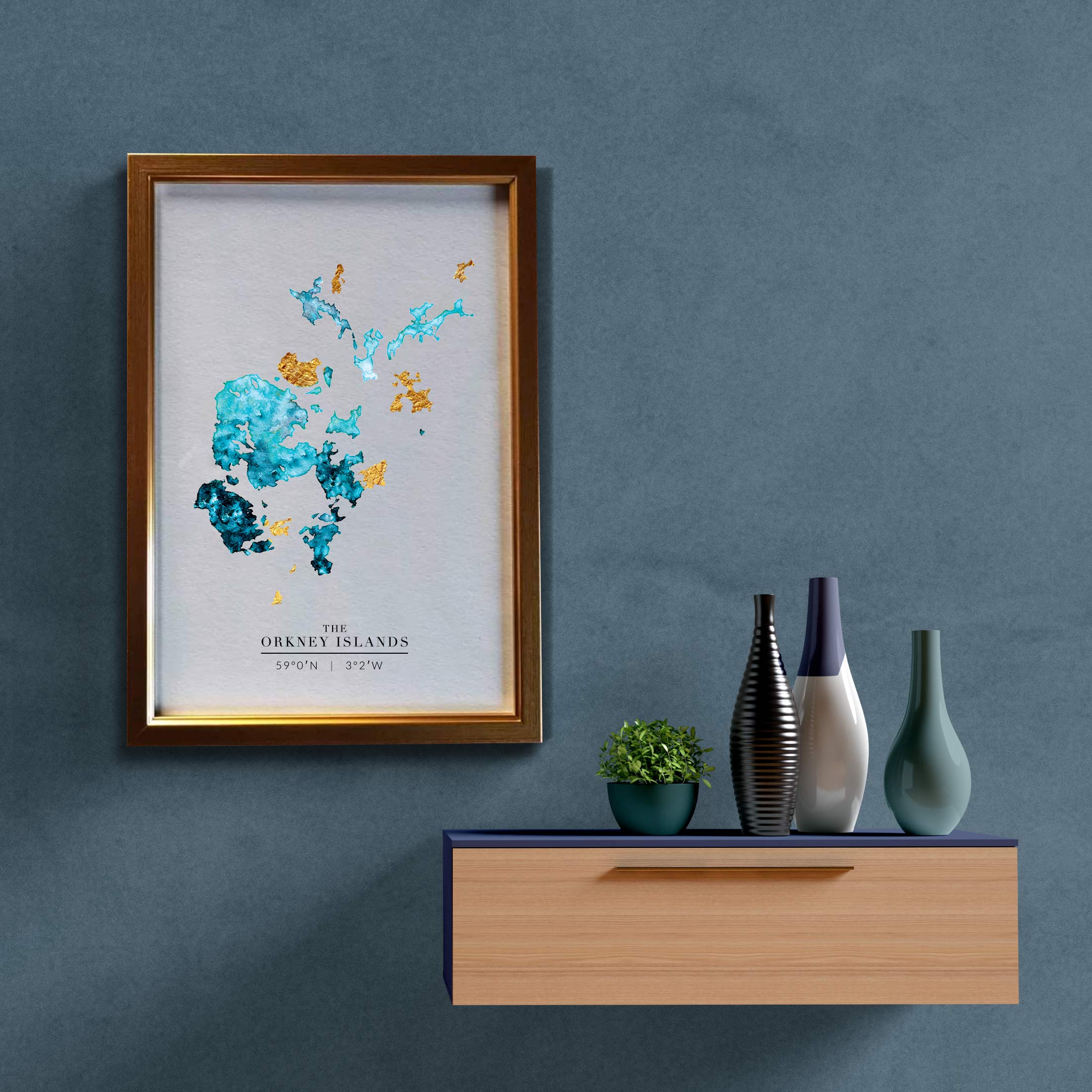 EJayDesign Scottish Prints Orkney Watercolour Gold Map Print