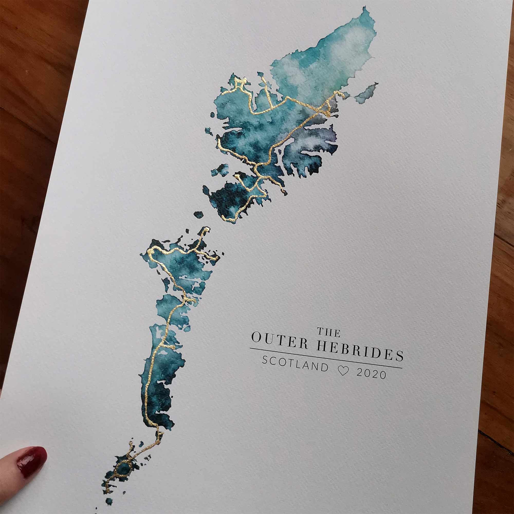 EJayDesign Scottish Prints Outer Hebrides Watercolour Gold Map Print