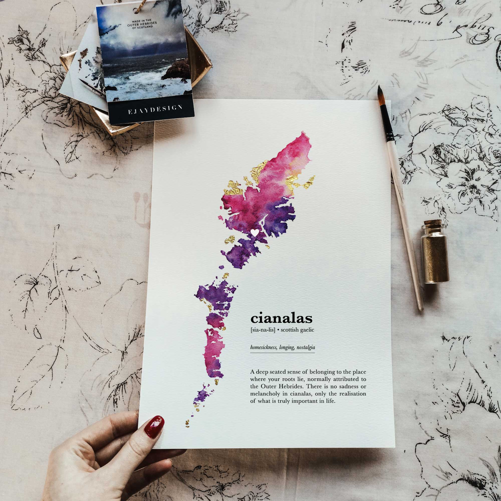 EJayDesign Scottish Prints A3 Unframed Giclée on Paper / Red/Purple Outer Hebrides Watercolour Gold Map Print