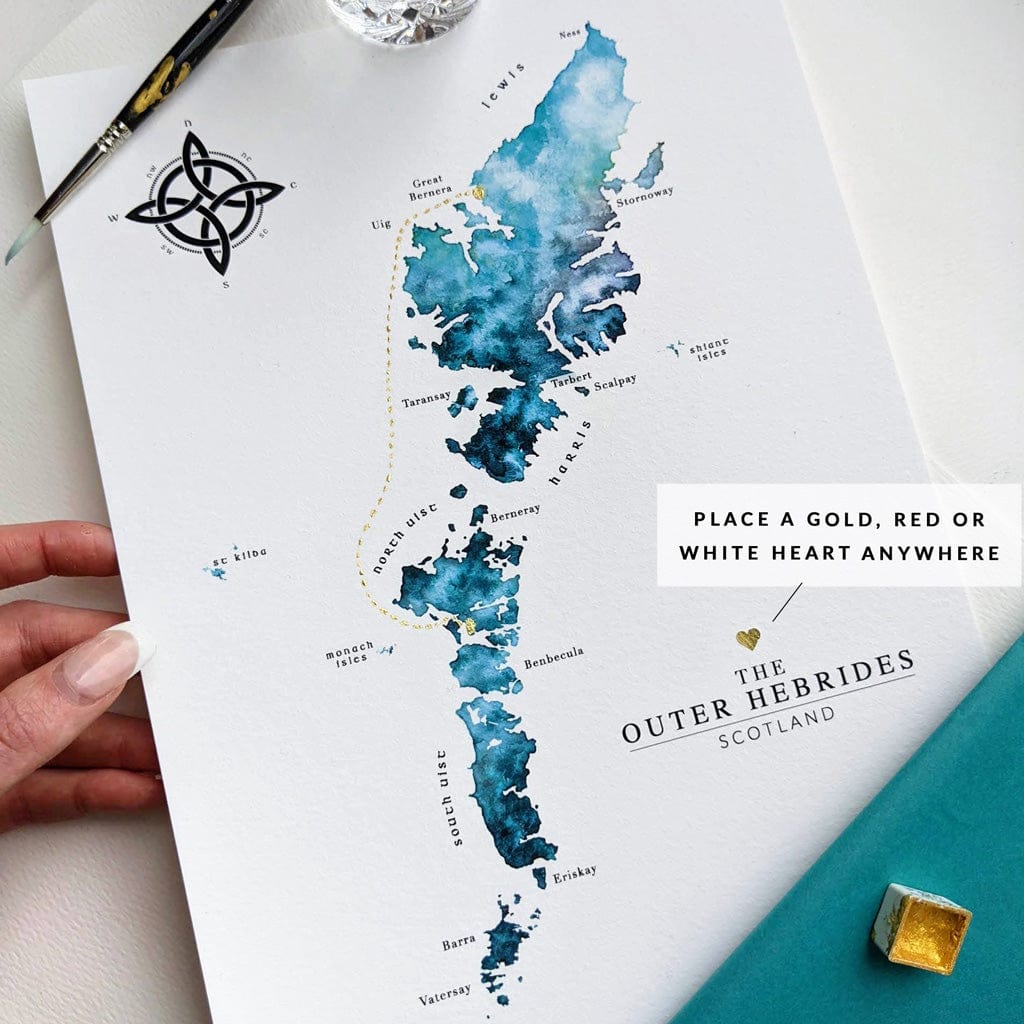 EJayDesign Scottish Prints A3 Unframed Giclée on Paper / Turqouise Outer Hebrides Watercolour Gold Map Print