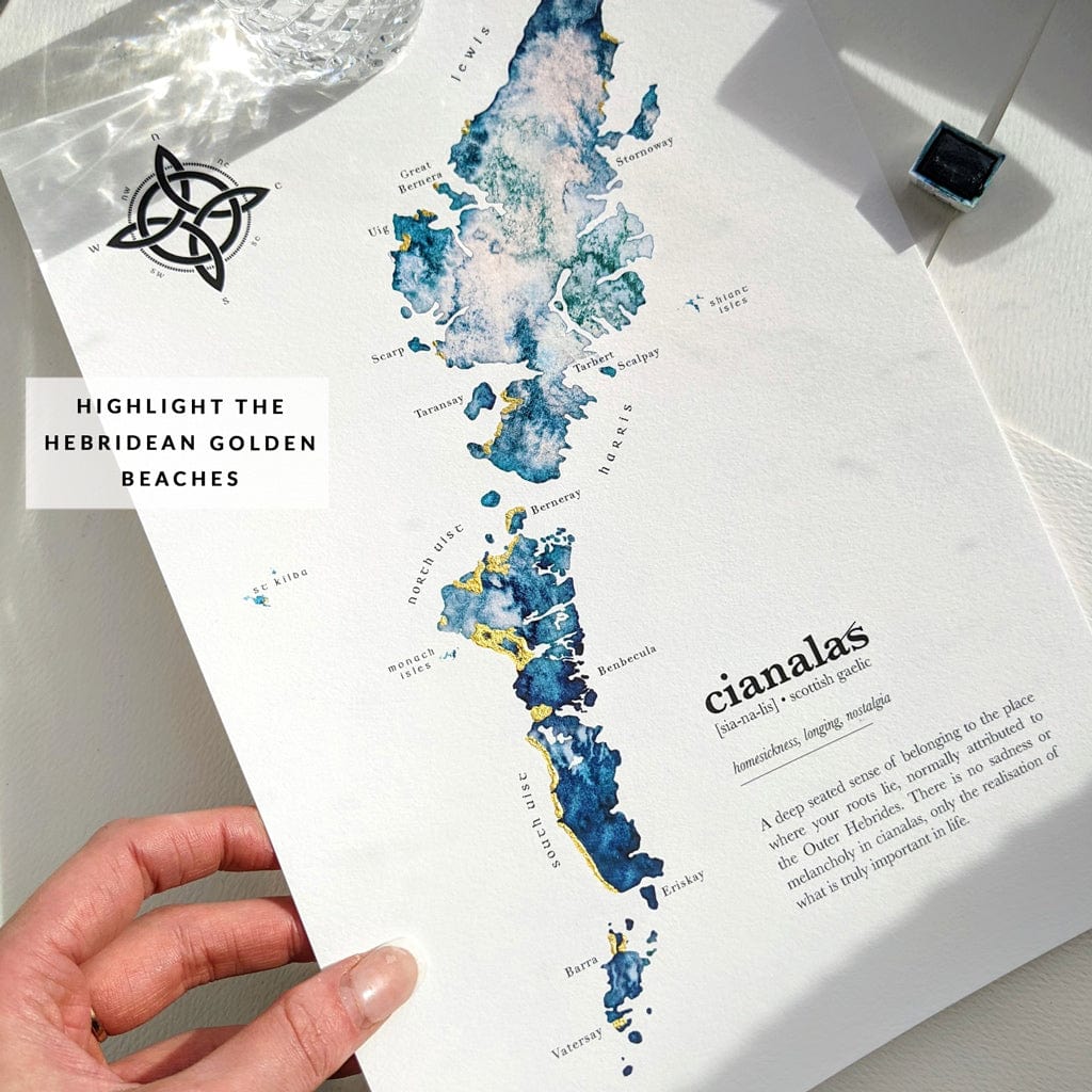 EJayDesign Scottish Prints A3 Unframed Giclée on Paper / Blue/Green Watercolour Outer Hebrides Watercolour Gold Map Print