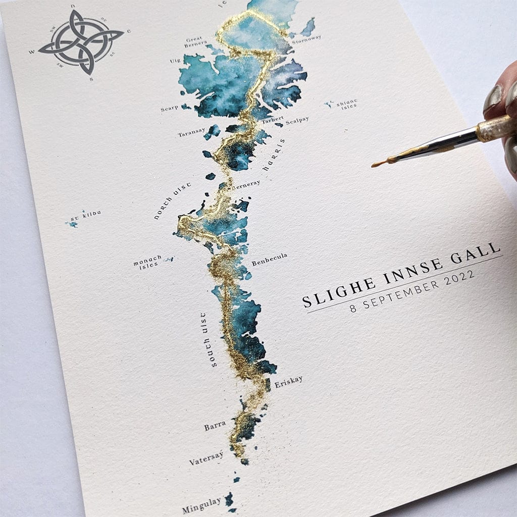 EJayDesign Scottish Prints Outer Hebrides Watercolour Gold Map Print