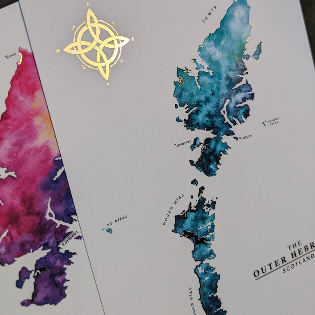EJayDesign Outer Hebrides Watercolour Map - With Gold Beaches