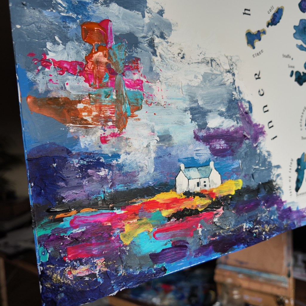 Abstract painting of scottish hebridean islands with colorful brush strokes on a canvas