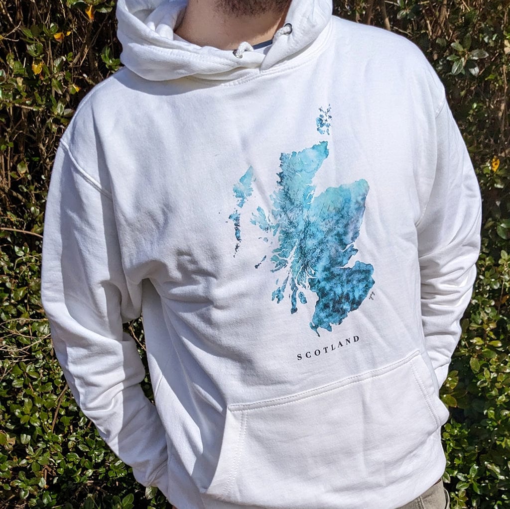 EJayDesign White / S / Blue Scotland Unisex Hoodie Watercolour Map