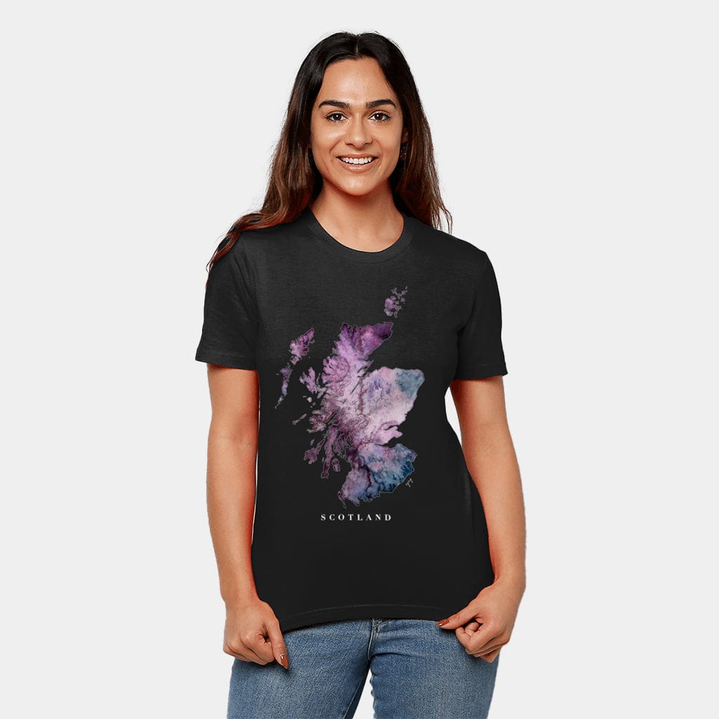 EJayDesign S / Black / Purple Scotland Unisex T-Shirt Watercolour Map