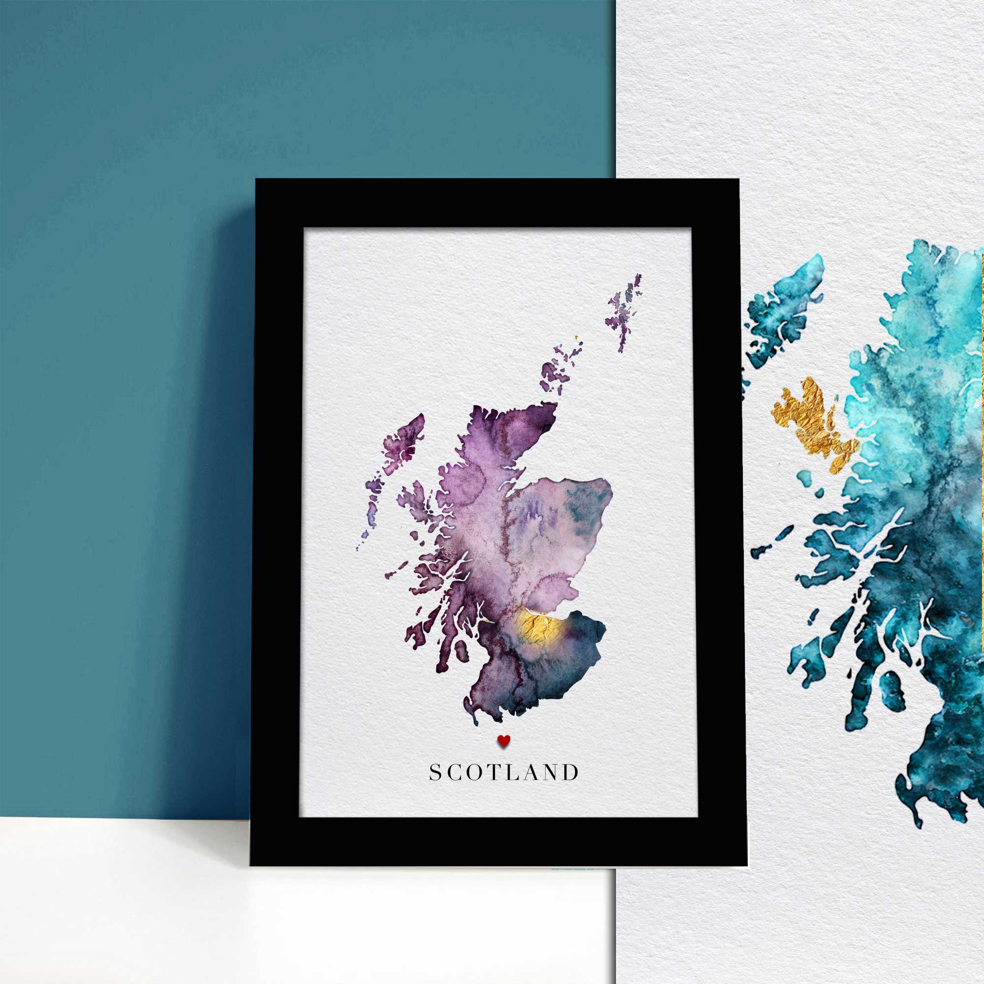 EJayDesign Scottish Prints Scotland Watercolour Gold Map Giclee Print