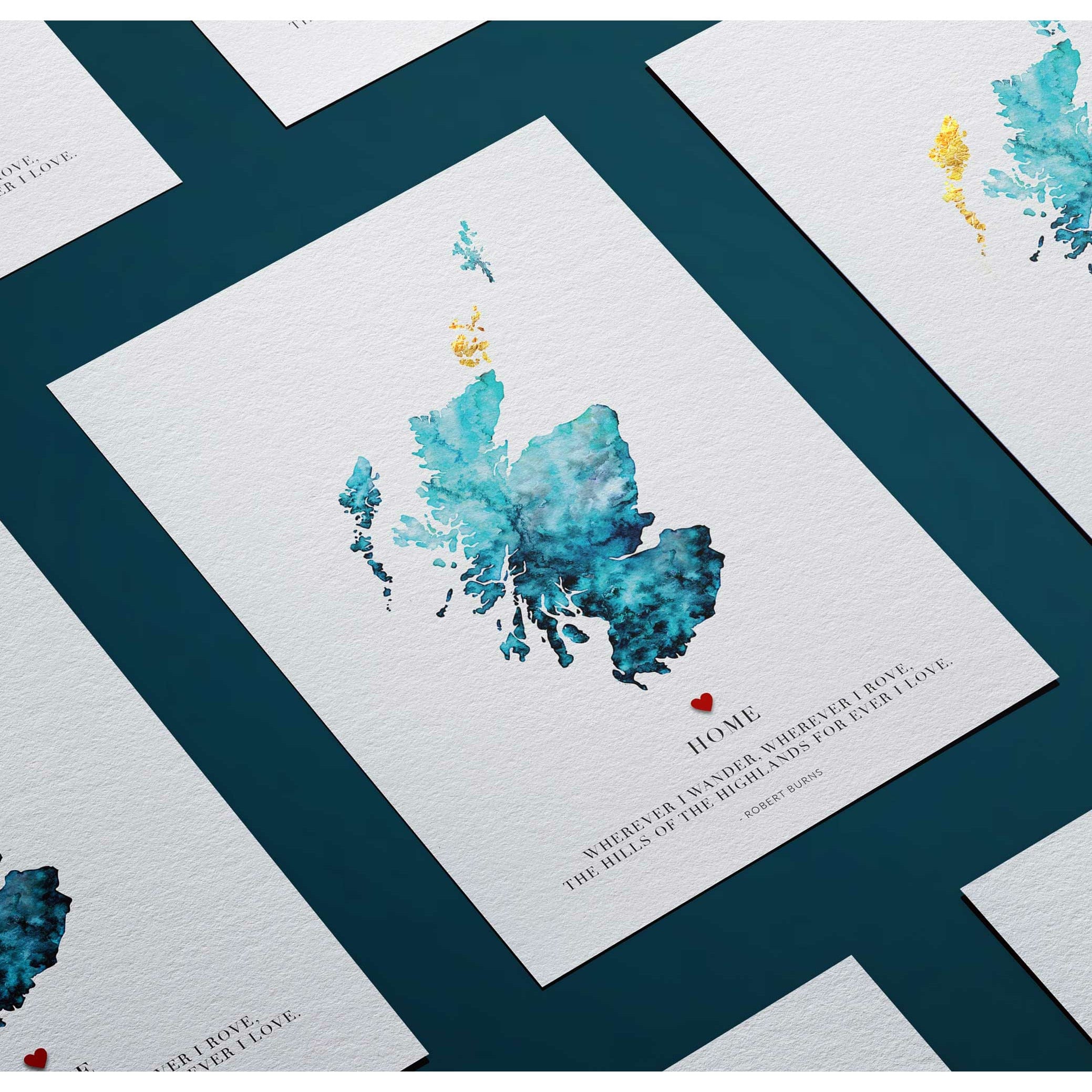 EJayDesign Scottish Prints Scotland Watercolour Gold Map Giclee Print