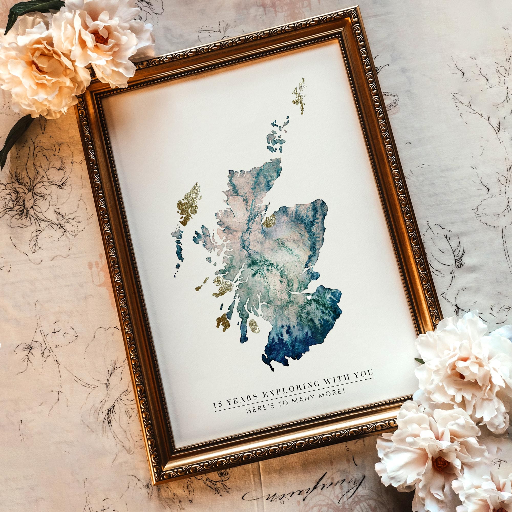 EJayDesign Scottish Prints Scotland Watercolour Gold Map Giclee Print