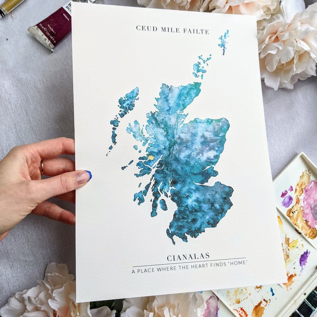 EJayDesign Scottish Prints Scotland Watercolour Gold Map Giclee Print