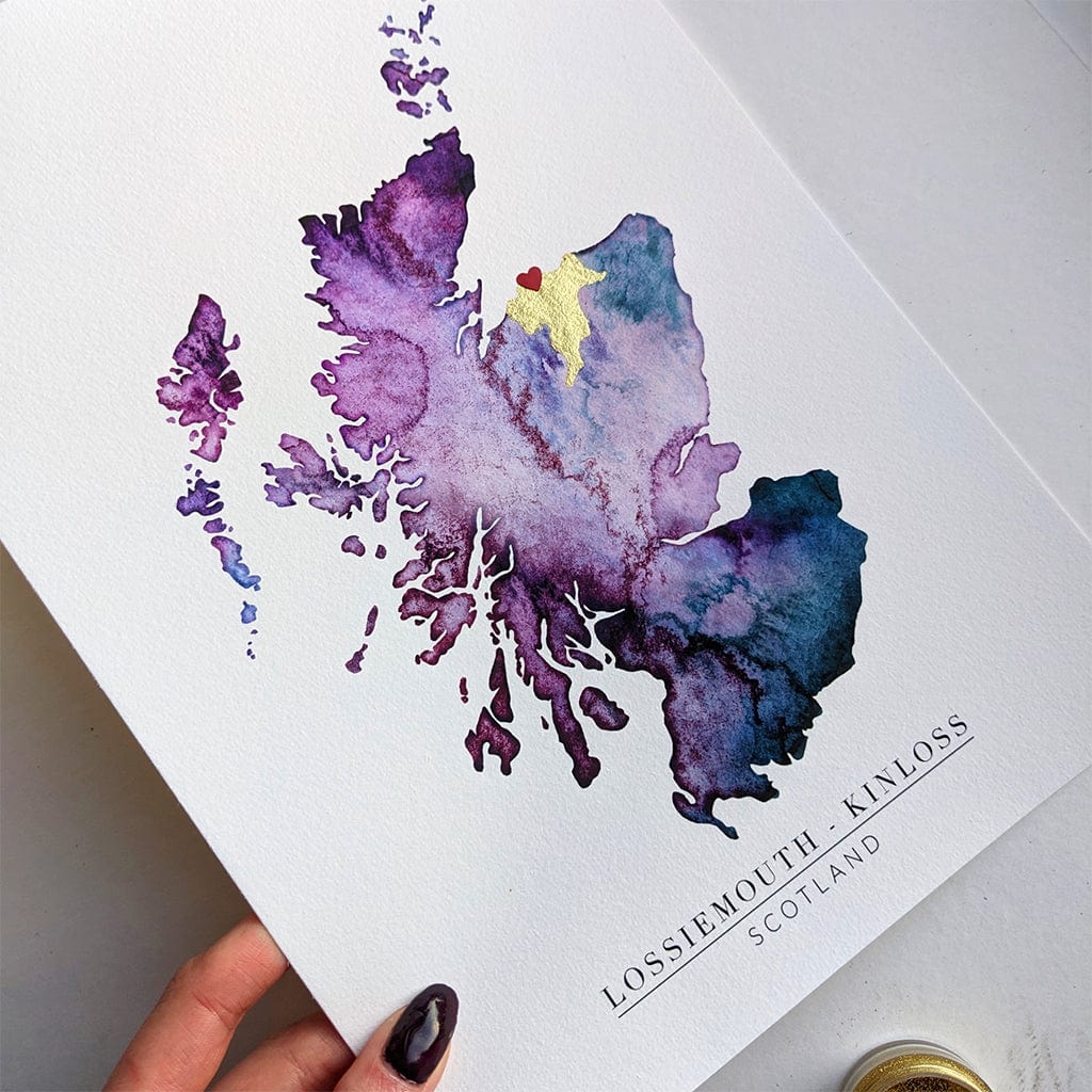 EJayDesign Scottish Prints A3 Unframed Giclée / Purple Scotland Watercolour Gold Map Giclee Print