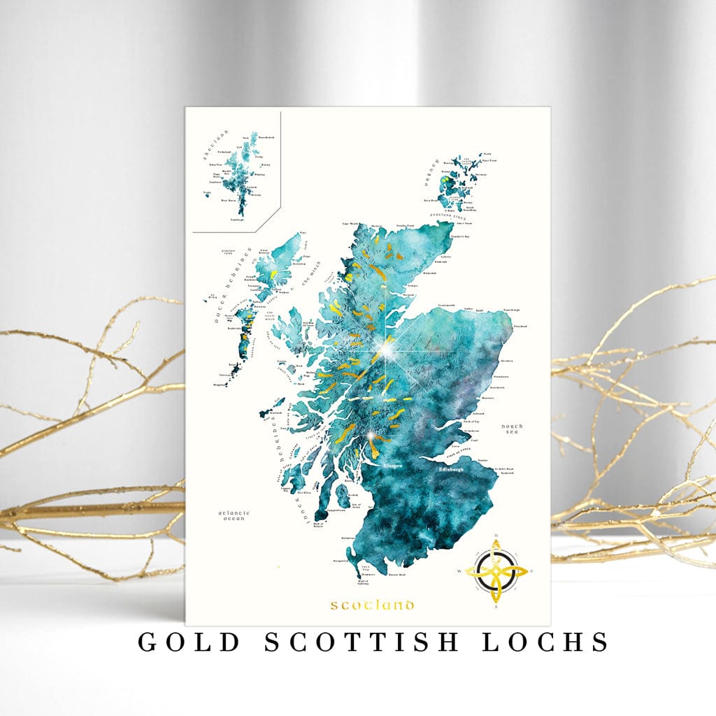 EJayDesign Scotland Watercolour Map - With Gold Lochs