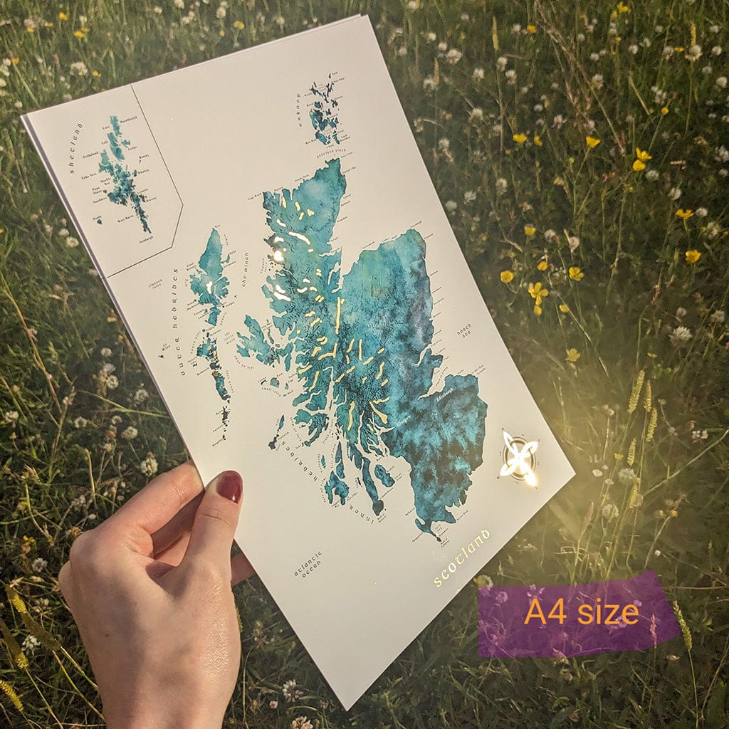 EJayDesign A4 Unmounted / Turquoise Scotland Watercolour Map - With Gold Lochs