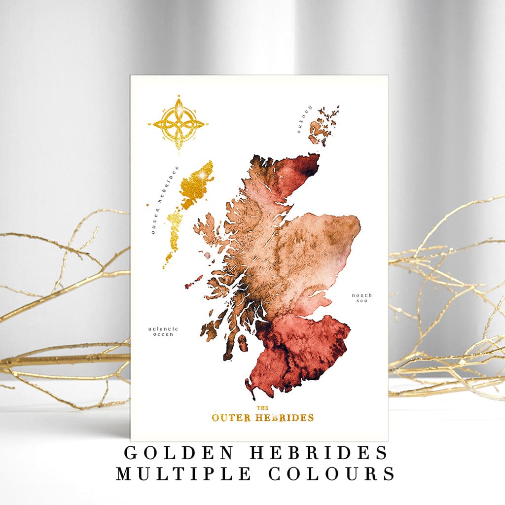 EJayDesign Scotland Watercolour Map - With Outer Hebrides in Gold