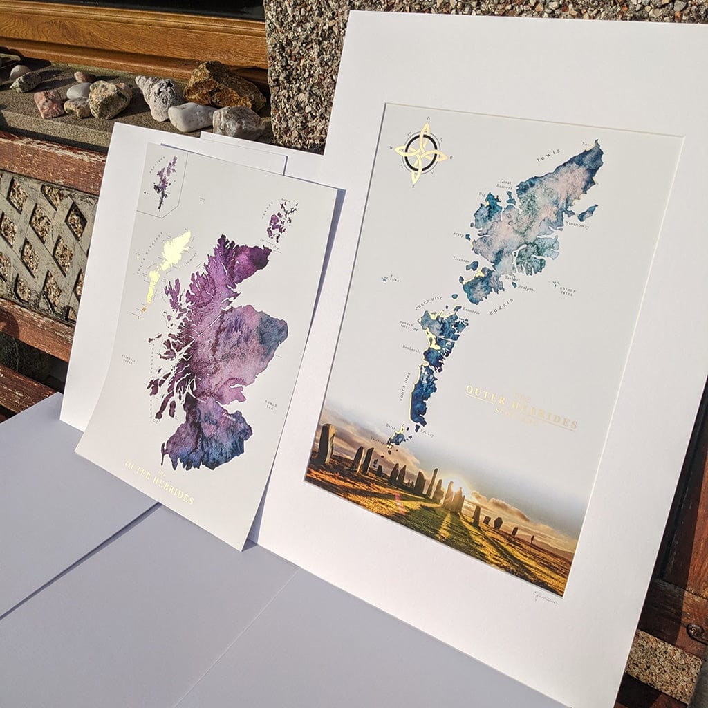 EJayDesign Scotland Watercolour Map - With Outer Hebrides in Gold