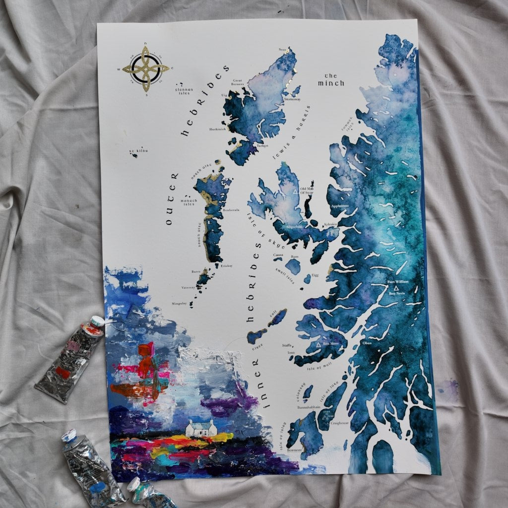 Map of the Hebrides with watercolor map design