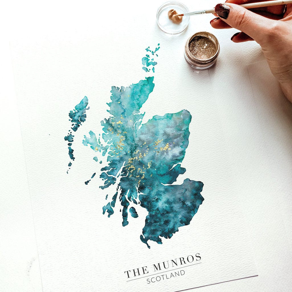EJayDesign Scottish Prints A3 Unframed Giclée on Paper / Turquoise Scottish Munro's Personalised Golden Map