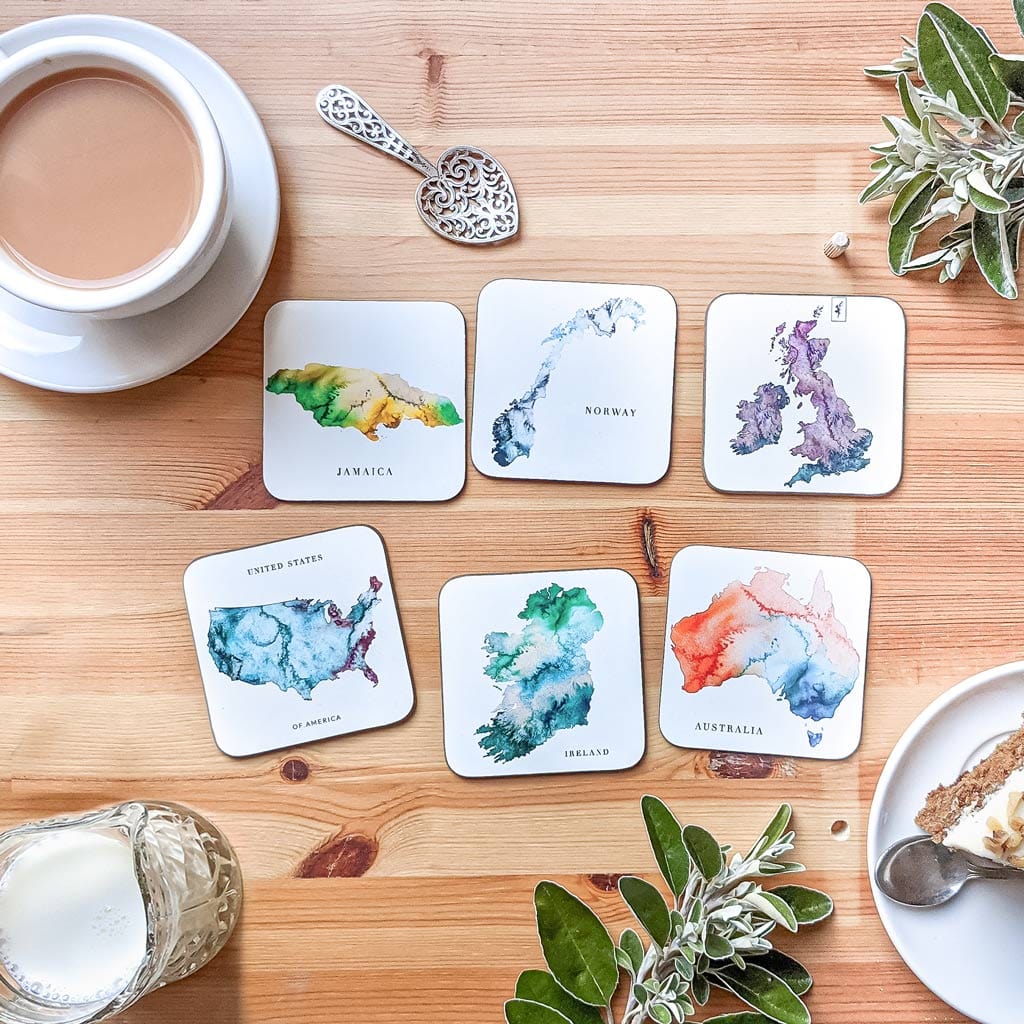 EJayDesign Kitchen Coaster Set of 6 Coaster Watercolour Maps