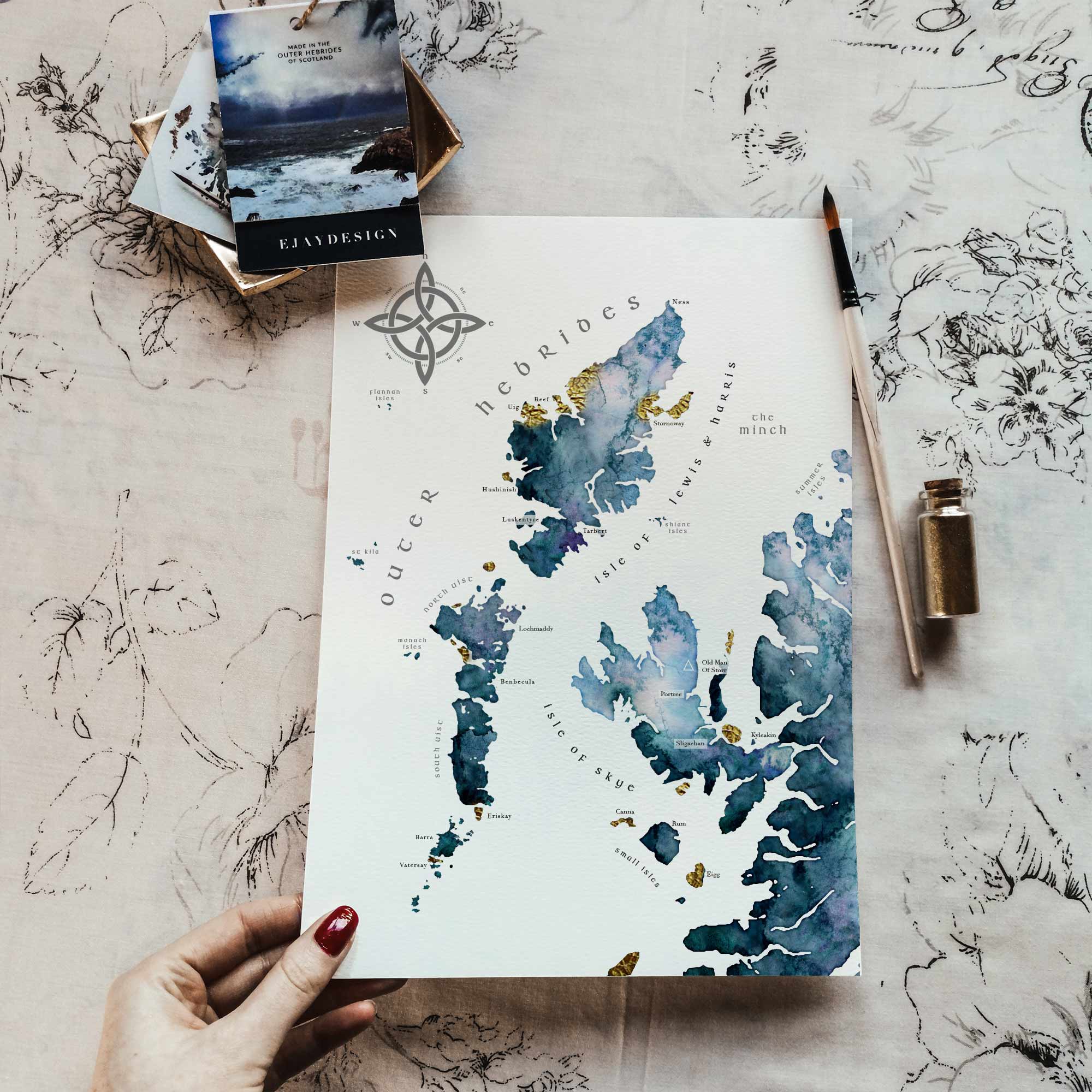 EJayDesign Scottish Prints Skye & Outer Hebrides Watercolour Map