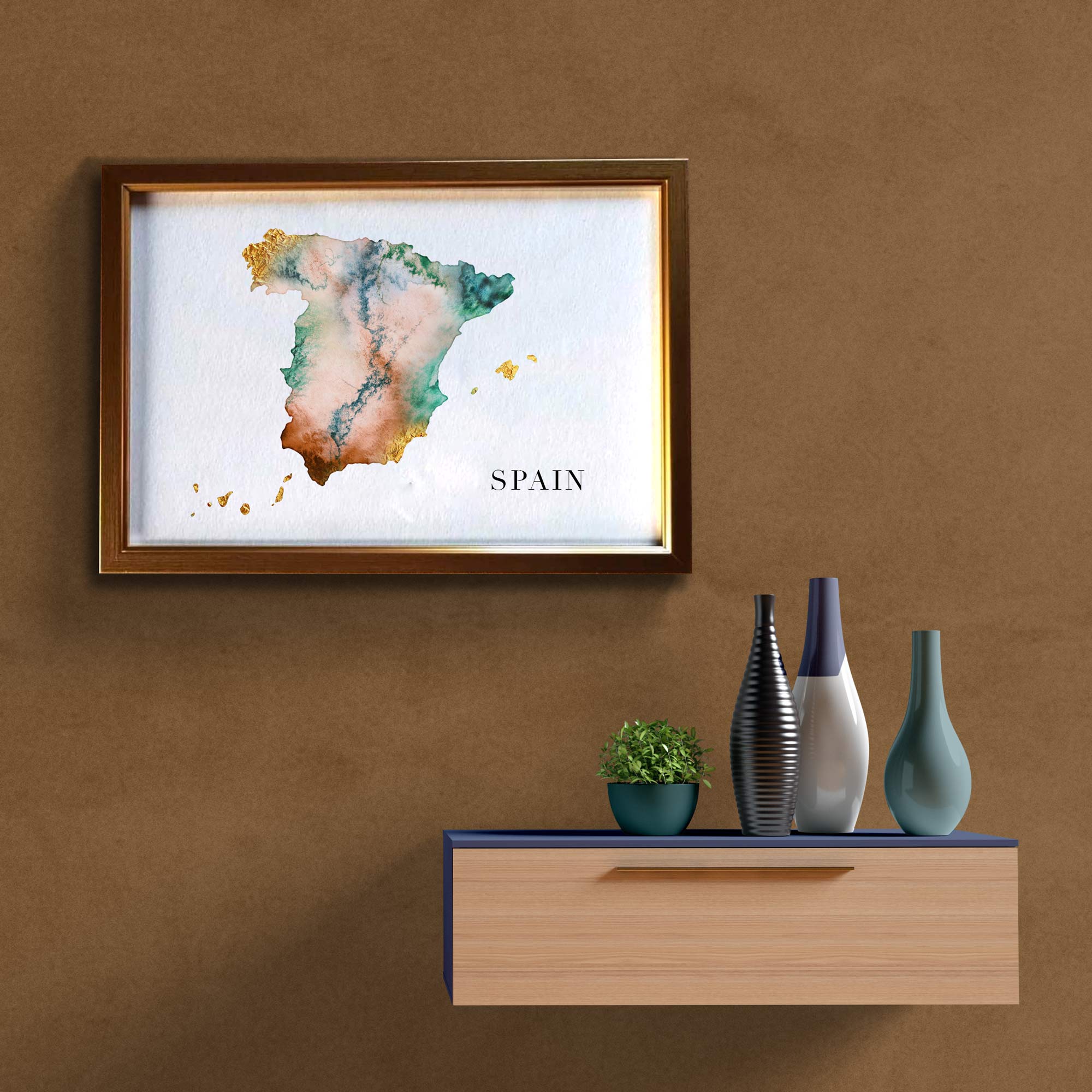 EJayDesign Countries Other Spannish Golden Watercolour Map