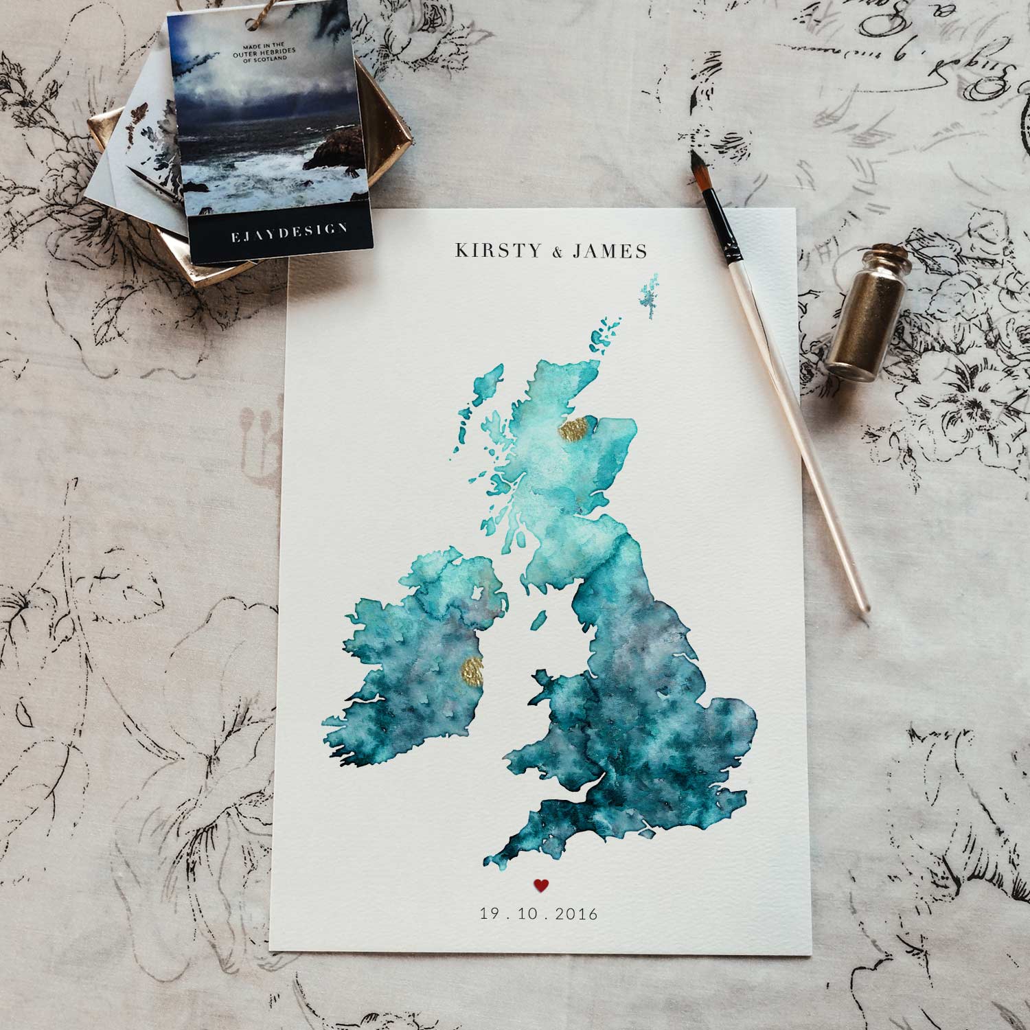 EJayDesign Countries Other UK Gold Watercolour Map